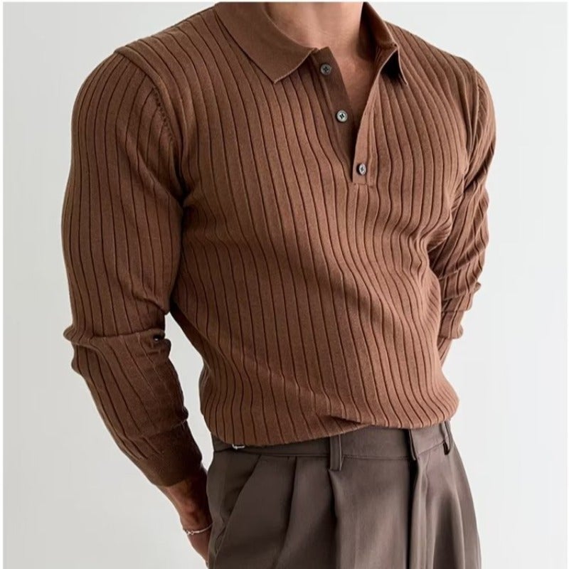 Spring Autumn Slim Knit Polo Shirt Fashionable Mens Sweater Brown  - Image 1