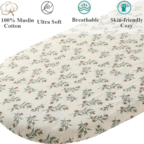 Fadacudan Muslin Bassinet Sheet Compatible with UPPAbaby Bassinet 2 Pack Cotton Stylish Boho Fitted Bassinet Sheets Super Soft for Baby Roman Green Botanical Leaf - Image 3