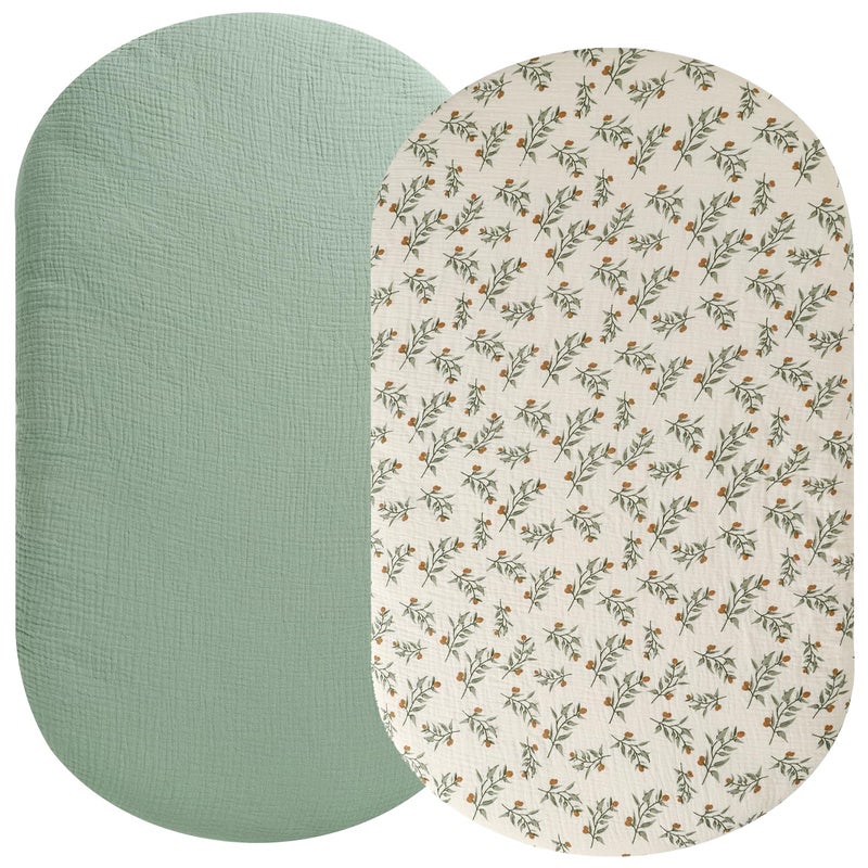Fadacudan Muslin Bassinet Sheet Compatible with UPPAbaby Bassinet 2 Pack Cotton Stylish Boho Fitted Bassinet Sheets Super Soft for Baby Roman Green Botanical Leaf - Image 2