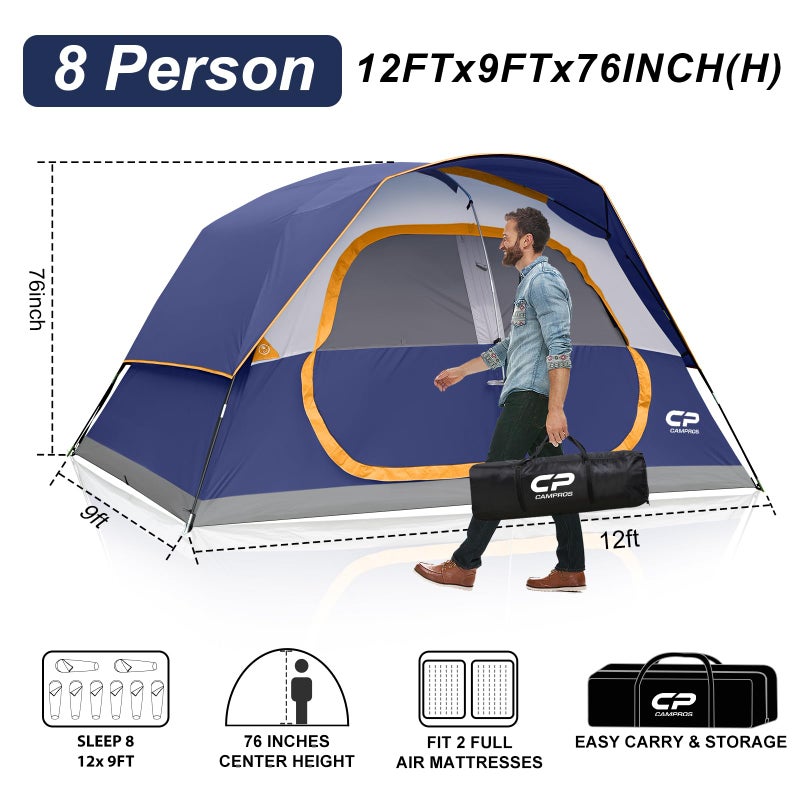 CAMPROS CP Tent 8 Person Camping Tents, Waterproof Windproof Family Dome Tent with Rainfly, Large Mesh Windows, Wider Door, Easy Setup, Portable with Carry Bag (Blue) - Image 2