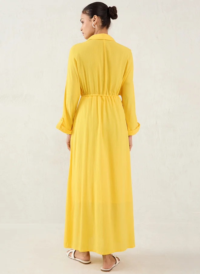 Femmella Femmella Yellow Crinkled Collared A-Line Maxi Dress with Drawstring Waist