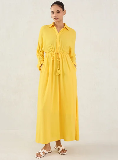 Femmella Femmella Yellow Crinkled Collared A-Line Maxi Dress with Drawstring Waist