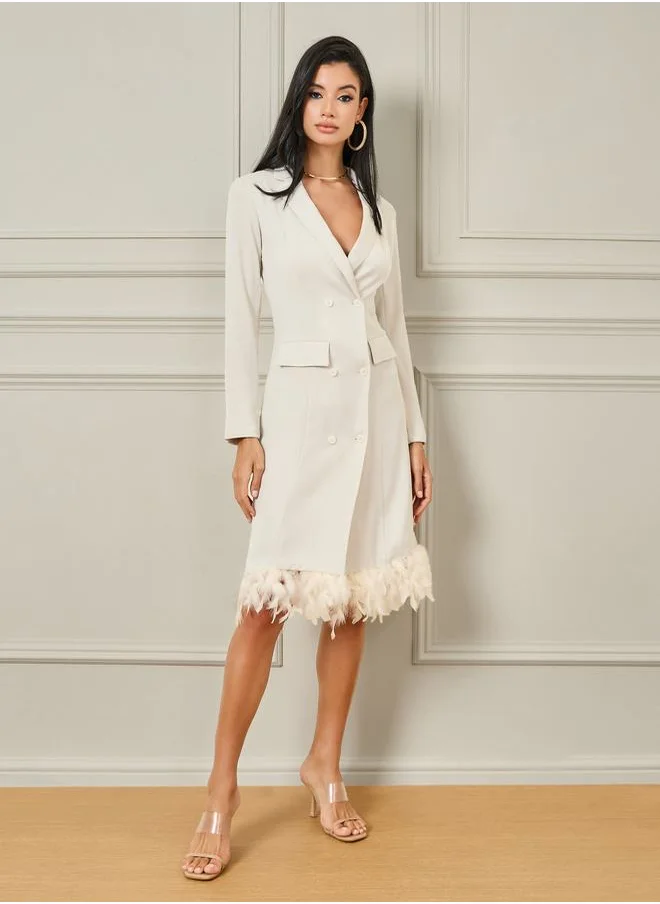 Styli Faux Feather Hem Blazer Knee Length Dress