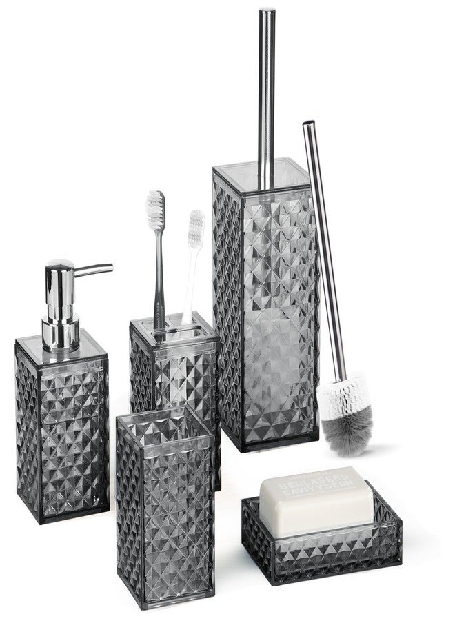 RRM Bathroom Accessory Set, Grid Pattern 5 Pcs Plastic Bathroom Set Include Toilet Bursh, Soap Dispenser, Soap Dish, Toothbrush Holder, Mousewash Cup, Modern Bahtroom Décor Set(Dark Grey) - Image 1
