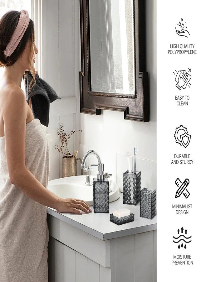 RRM Bathroom Accessory Set, Grid Pattern 5 Pcs Plastic Bathroom Set Include Toilet Bursh, Soap Dispenser, Soap Dish, Toothbrush Holder, Mousewash Cup, Modern Bahtroom Décor Set(Dark Grey) - Image 3