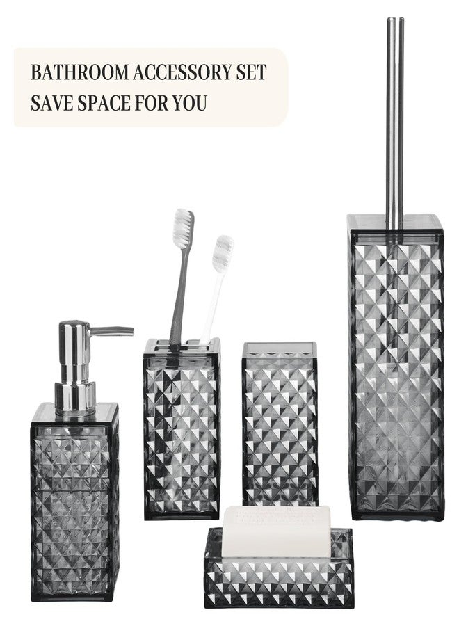 RRM Bathroom Accessory Set, Grid Pattern 5 Pcs Plastic Bathroom Set Include Toilet Bursh, Soap Dispenser, Soap Dish, Toothbrush Holder, Mousewash Cup, Modern Bahtroom Décor Set(Dark Grey) - Image 2