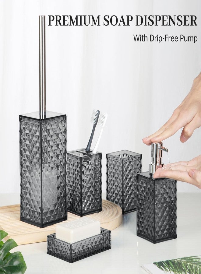 RRM Bathroom Accessory Set, Grid Pattern 5 Pcs Plastic Bathroom Set Include Toilet Bursh, Soap Dispenser, Soap Dish, Toothbrush Holder, Mousewash Cup, Modern Bahtroom Décor Set(Dark Grey) - Image 4