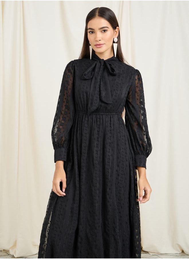 Styli - Dobby Textured Tie Up Neck A-Line Maxi Dress - Image 1