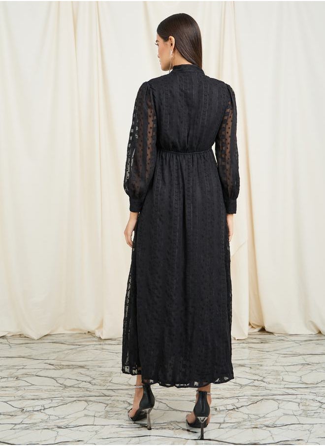 Styli - Dobby Textured Tie Up Neck A-Line Maxi Dress - Image 1