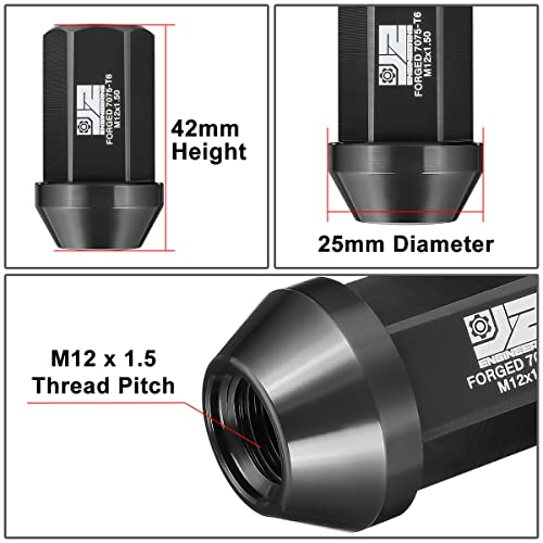 J2 Engineering J2-LN-T7-038-15-BK M12 x 1.5 T6-7075 Aluminum 42mm Closed End Lug Nuts w/Deep Drive Extension Adapter,Black - Image 4