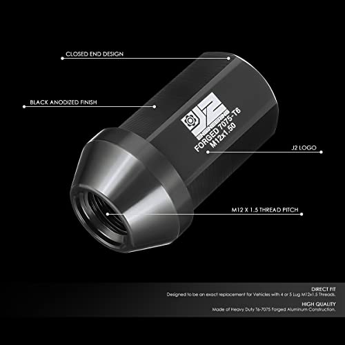 J2 Engineering J2-LN-T7-038-15-BK M12 x 1.5 T6-7075 Aluminum 42mm Closed End Lug Nuts w/Deep Drive Extension Adapter,Black - Image 2
