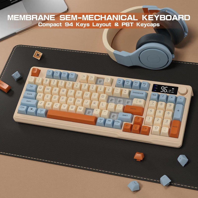 LexonElec M96 Wireless Gaming Keyboard, Dual Mode 2.4G and BT5.0, Semi-Mechanical 90% Membrane Keyboard with Display and Knob, PBT Keypad 94 Keys Rainbow Backlit, 3000 mAh Rechargeable-Blue - Image 5