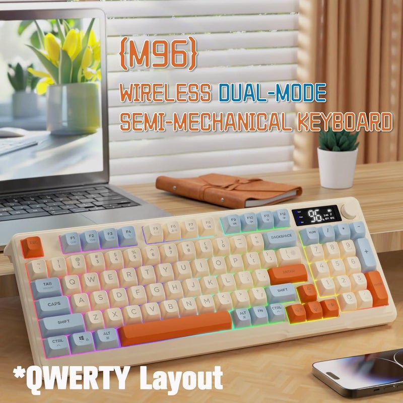 LexonElec M96 Wireless Gaming Keyboard, Dual Mode 2.4G and BT5.0, Semi-Mechanical 90% Membrane Keyboard with Display and Knob, PBT Keypad 94 Keys Rainbow Backlit, 3000 mAh Rechargeable-Blue - Image 2