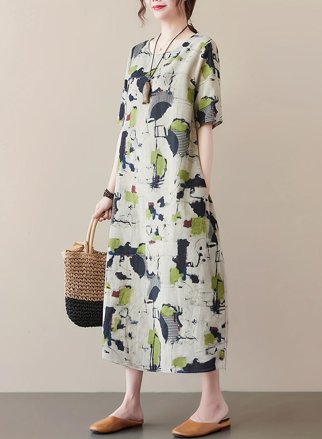 تايك تو فستان ميدي بطبعة دائرية بأكمام قصيرة - Image 2