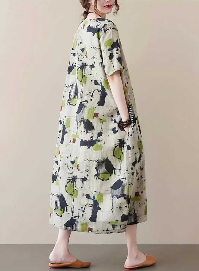 Take Two Take Two Printed Round Neck Short Sleeve Midi Dress