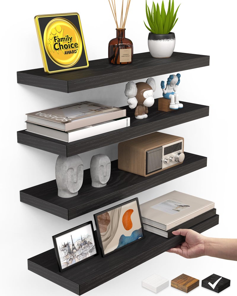 BAYKA Floating Shelves for Wall, 15.7in Wall Mounted Rustic Wood Shelves for Bathroom, Bedroom, Living Room, Kitchen, Hanging Shelf for Books/Storage/Room Decor with 22lbs Capacity (Black, Set of 4) - Image 1