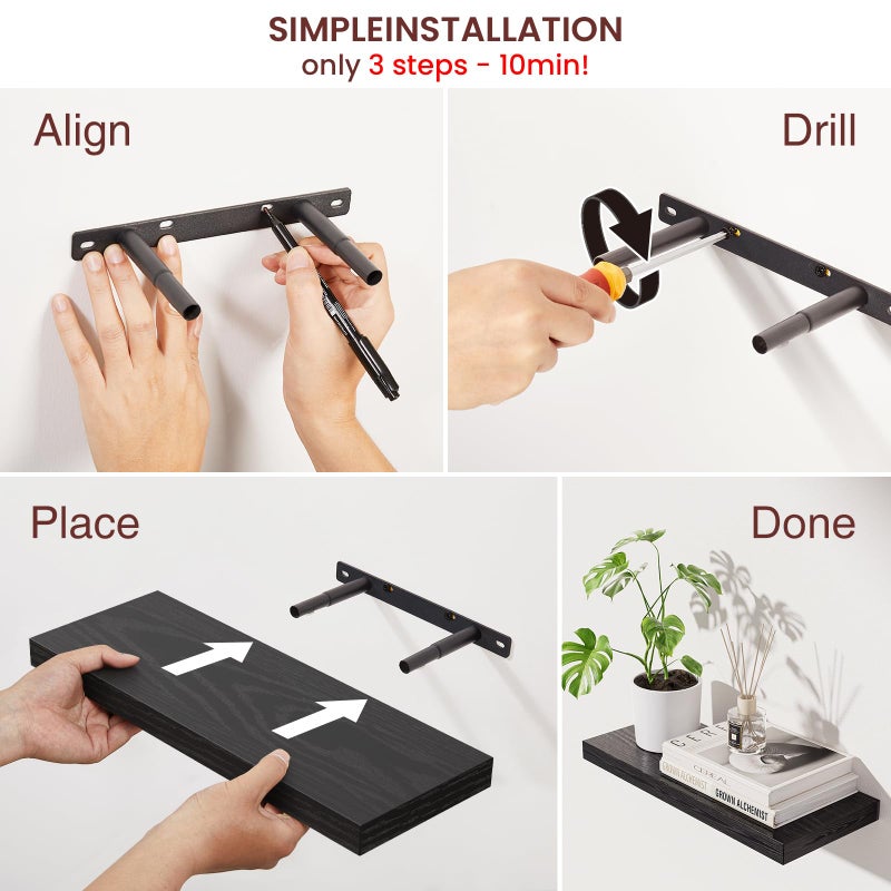 BAYKA Floating Shelves for Wall, 15.7in Wall Mounted Rustic Wood Shelves for Bathroom, Bedroom, Living Room, Kitchen, Hanging Shelf for Books/Storage/Room Decor with 22lbs Capacity (Black, Set of 4) - Image 5