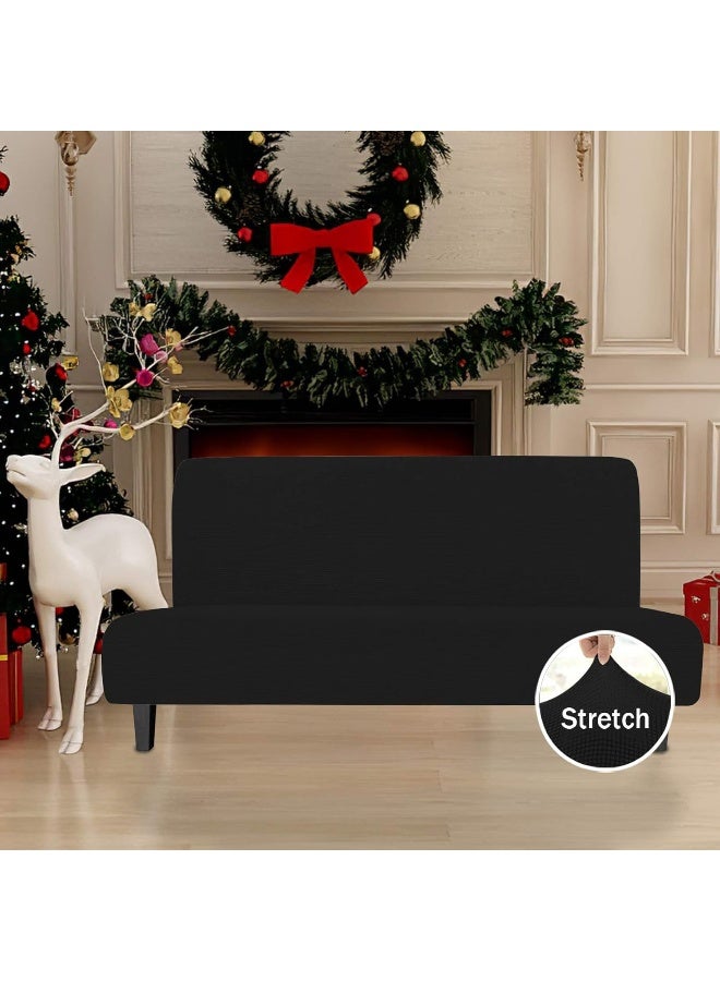 Easy-Going EasyGoing Stretch Futon Slipcover Armless Futon Bed Cover Furniture Protector Without Armrests with Elastic Bottom for Kids Soft Jacquard Fabric Small Checks Large Black  - Image 3