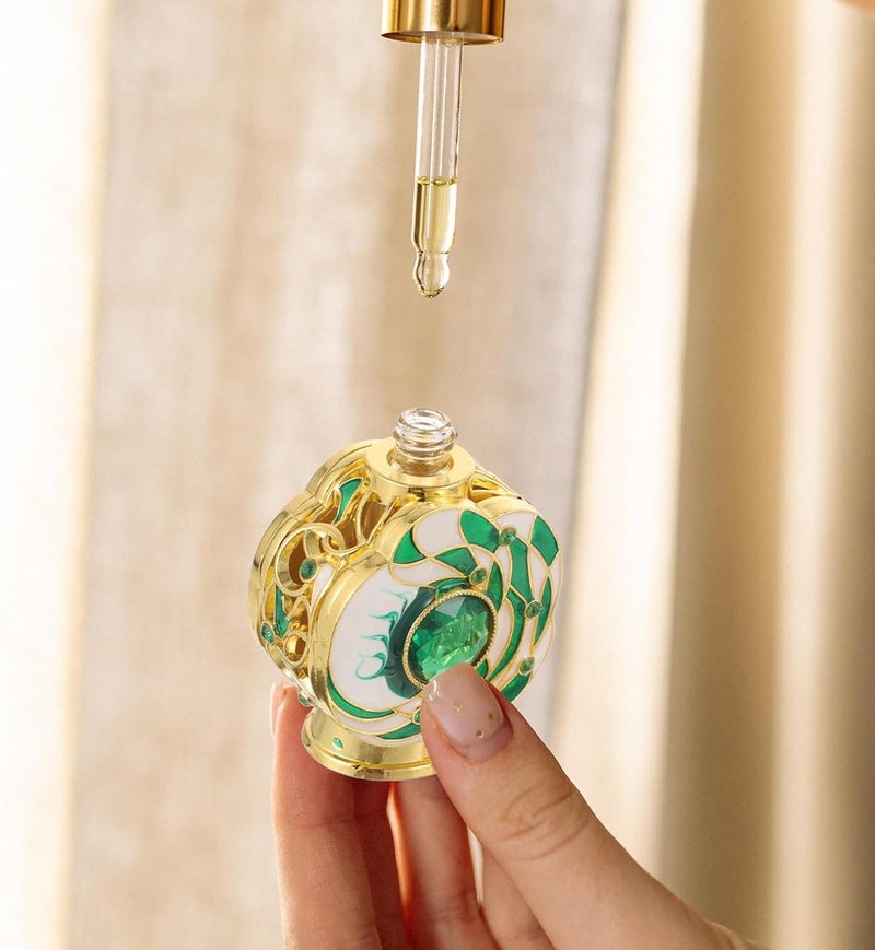 12ml Green Glass Empty Perfume Bottle Vintage Essential Oil Container Refillable Metal Flower Cap Aromatherapy Bottle for Travel and Home Decor - Image 4