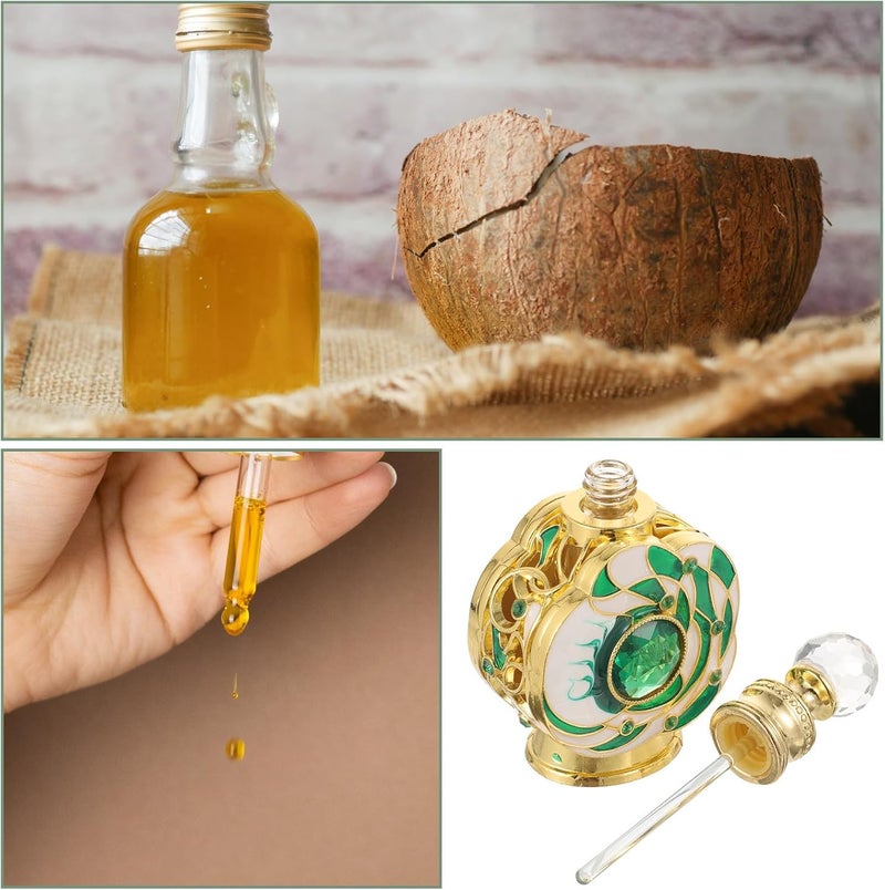 12ml Green Glass Empty Perfume Bottle Vintage Essential Oil Container Refillable Metal Flower Cap Aromatherapy Bottle for Travel and Home Decor - Image 3