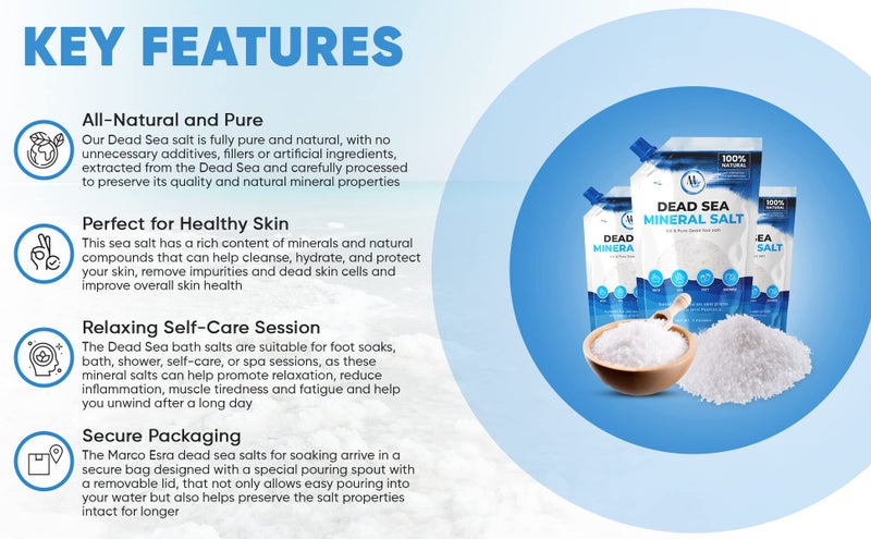 MARCO ESRA Dead Sea Salts for Soaking, Mineral Salt for Bath, Spa, Shower – More Minerals Than Epsom Salt, Pure and Natural Bath Salt for Foot Soak, Fine Salt Mined from Dead Sea - Image 4
