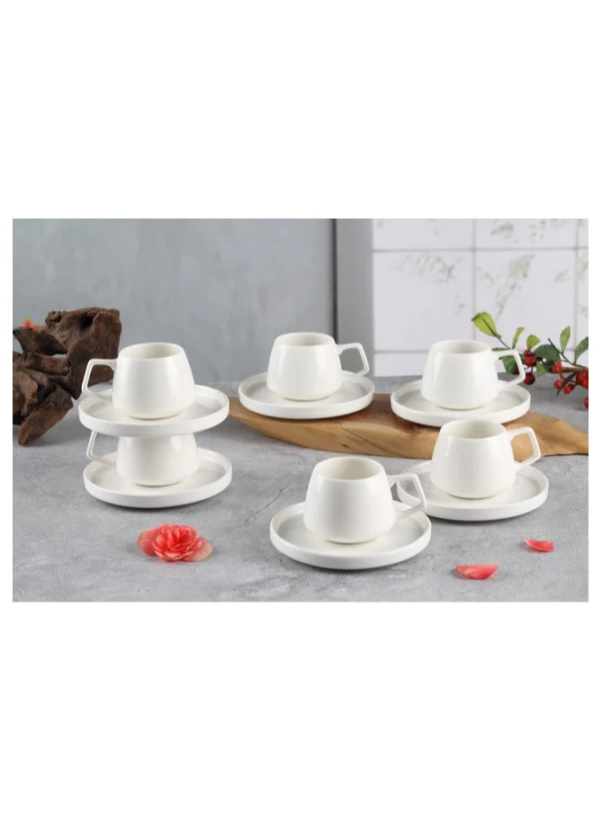 Shallow Shallow New Bone China EMA Coffee Cup & Saucer Set, 100ml (White, 6 Cups, 6 Saucer)
