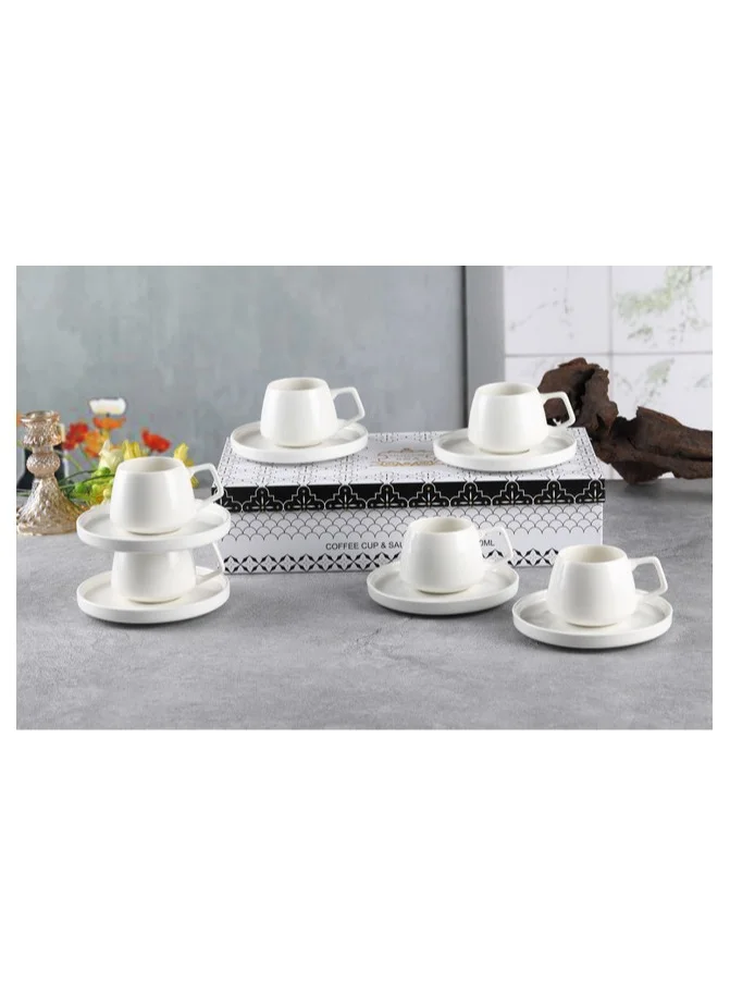 Shallow Shallow New Bone China EMA Coffee Cup & Saucer Set, 100ml (White, 6 Cups, 6 Saucer)