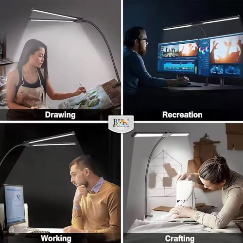 BROLAVIYA Overhead LED 2 Head Dimmable, Aluminum Frame Desk Lamp Light with Multi-Angle Rotation,3 Lighting Modes for Home, Office, Desktop,Bedroom, Reading,etc - Image 3