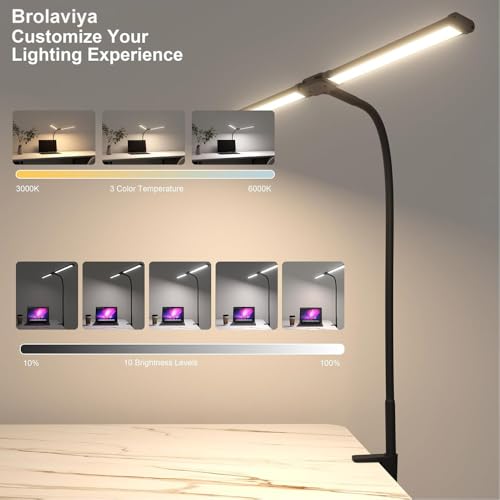 BROLAVIYA Overhead LED 2 Head Dimmable, Aluminum Frame Desk Lamp Light with Multi-Angle Rotation,3 Lighting Modes for Home, Office, Desktop,Bedroom, Reading,etc - Image 4