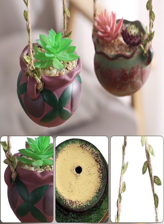 Yuccasly 4 Piece Boho Ceramic Hanging Planters with Drainage Holes - Adorable Indoor Outdoor Succulent Flower Pots, Unique Home Décor, Charming Small Planters for Plants - Image 3