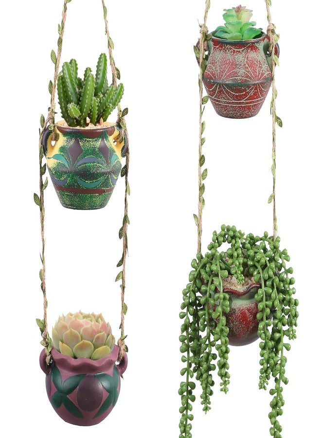 Yuccasly 4 Piece Boho Ceramic Hanging Planters with Drainage Holes - Adorable Indoor Outdoor Succulent Flower Pots, Unique Home Décor, Charming Small Planters for Plants - Image 1