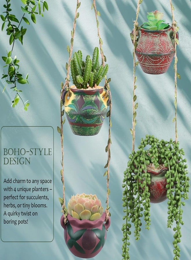 Yuccasly 4 Piece Boho Ceramic Hanging Planters with Drainage Holes - Adorable Indoor Outdoor Succulent Flower Pots, Unique Home Décor, Charming Small Planters for Plants - Image 4