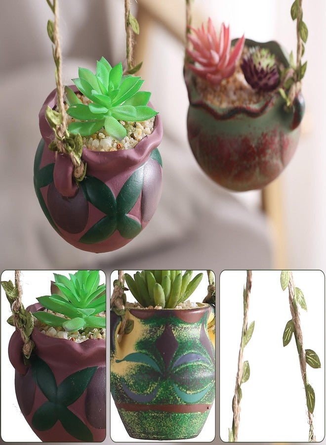 Yuccasly 4 Piece Boho Ceramic Hanging Planters with Drainage Holes - Adorable Indoor Outdoor Succulent Flower Pots, Unique Home Décor, Charming Small Planters for Plants - Image 5