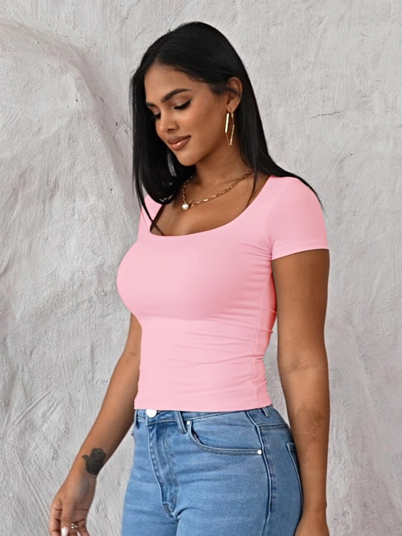Dwnval Womens Summer Sexy Square Neck Tops Double Lined Short Sleeve Shirts Slim Fit Crop Top(Light Pink, S) - Image 3