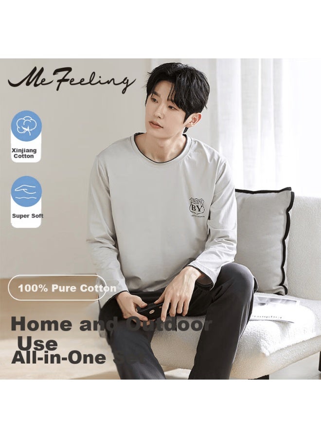 Me Feeling Men's Autumn Winter New Pure Cotton Long Sleeve Long Pants Youth Wearable Outside Casual Loose Full Cotton Homewear Set - Image 1