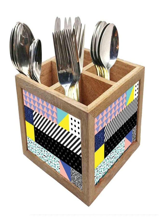 Nutcase Wooden Cutlery Stand Holder Silverware Caddy Spoons Forks Knives Organizer for Dining Table & Kitchen -Made in India-Spoons NOT Included - Checkbox Pattern - Image 1