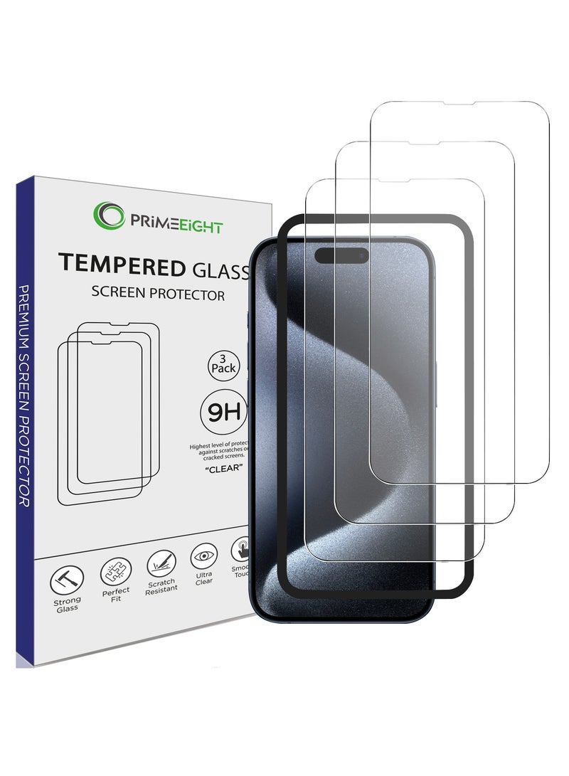 برايميت [3 قطع ] واقي حماية شاشة ايفون 15 6.1 انش. صلابة 9H رفيعة للغاية شفاف عالي الدقة خاليه من الفقاعات مع اداة تركيب [ ليست لي ايفون 15 برو ] - Image 1