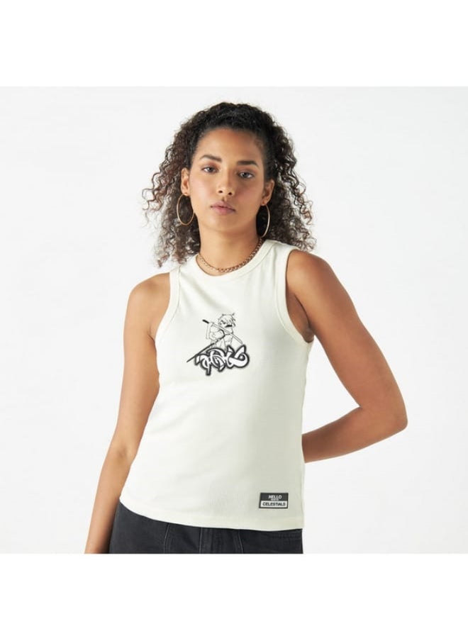 SP Characters - Anime Print Sleeveless Tank Top with Crew Neck - Image 1