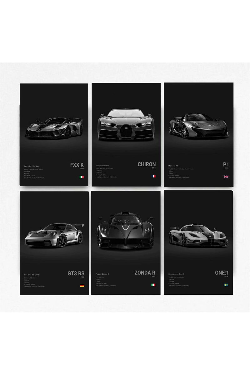 Dujoi Super Car Poster Racing Car Wall Art For Home Decor Car Prints For Walls FXXK CHIRON P1 911GT3 RS ZONDA R ONE:1 Cardstock Posters Set Of 6(Unframe 8x12inch) - Image 1