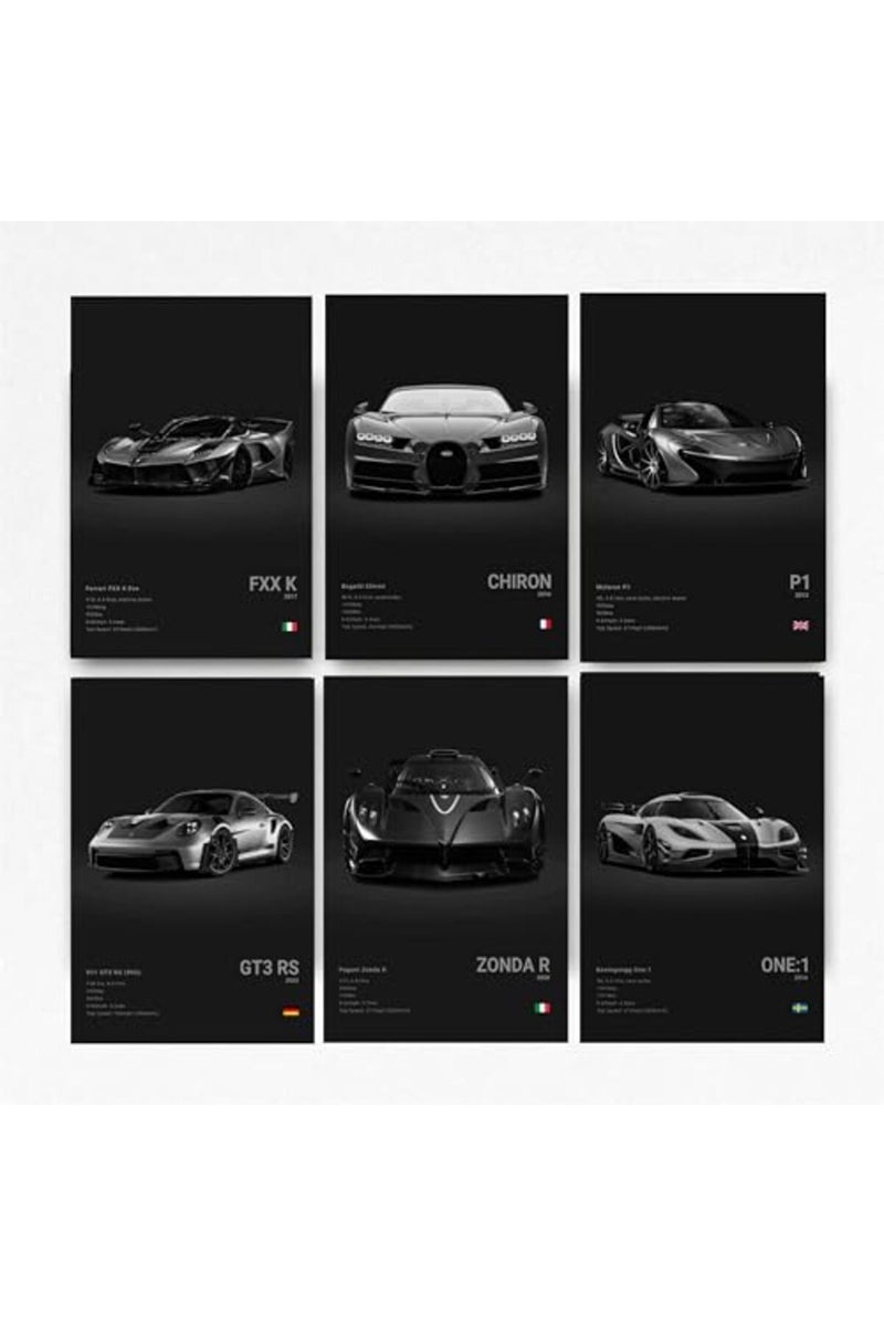 Dujoi Super Car Poster Racing Car Wall Art For Home Decor Car Prints For Walls FXXK CHIRON P1 911GT3 RS ZONDA R ONE:1 Cardstock Posters Set Of 6(Unframe 8x12inch) - Image 2