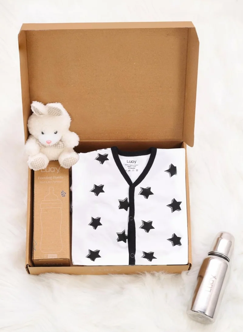 لؤي Premium Gift Box Set with The Baby Romper, Baby Feeding Bottle and Teddy Bear Best Hamper for Babies (0-3 M)
