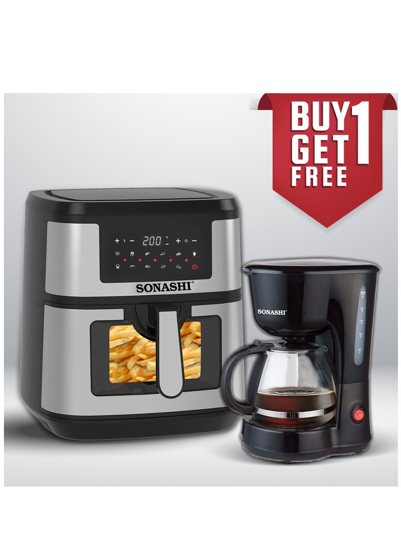 SONASHI Digital Air Fryer – LED Touch-Screen Display | 9.5L Pot Capacity Transparent Basket with High Speed Air Circulation Technology for Frying, Roasting, Baking and Toasting 9.5 L 1800 W SAF-950 Black/Silver with FREE Drip Coffee Maker SCM-4920 9.5 L 1800 W SAF-950 + SCM-4920 Black - Image 1