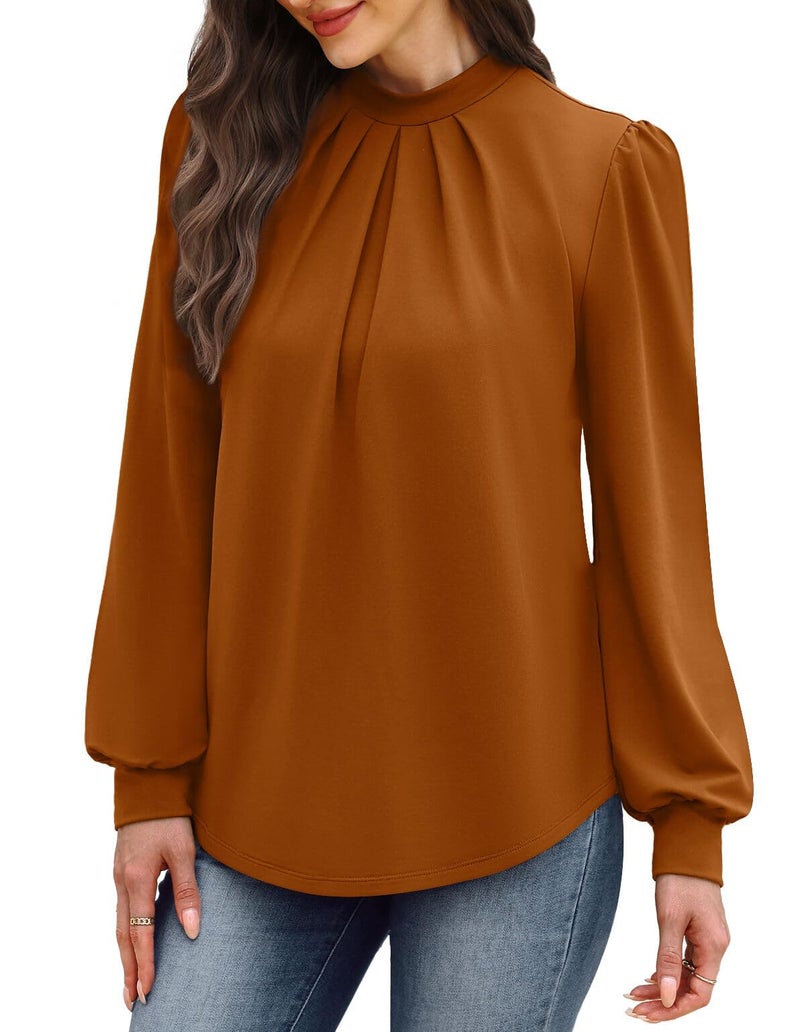WIHOLL Fall Outfits for Women 2026 Long Sleeve Shirts for Women Blouses Business Casual Womens Tops Mock Neck Early Fall Fashion Clothing Winter Clothes School Outfits for Teachers Caramel M - Image 4