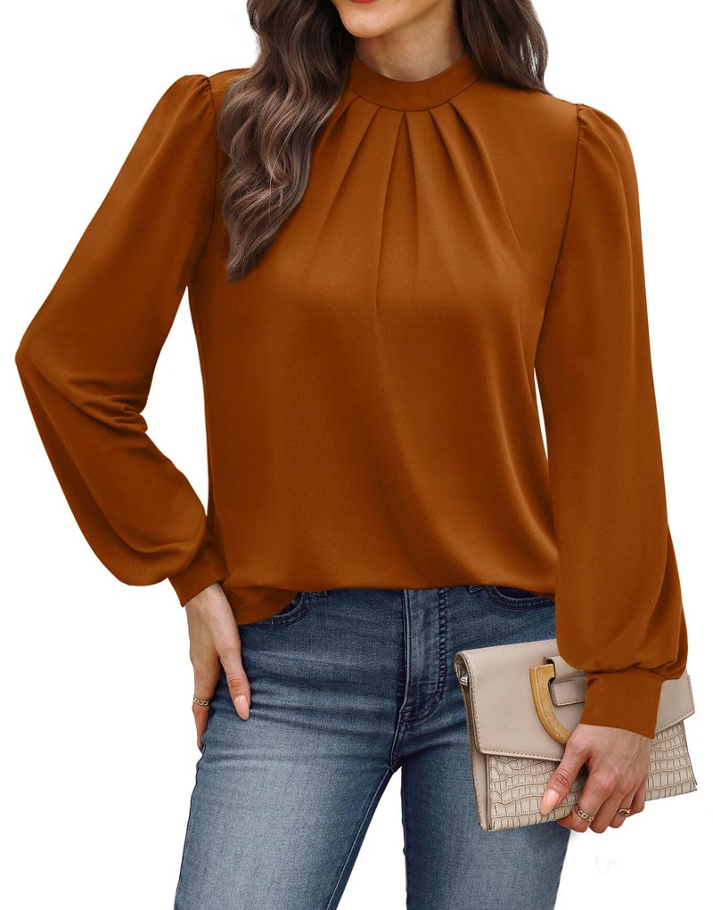 WIHOLL Fall Outfits for Women 2026 Long Sleeve Shirts for Women Blouses Business Casual Womens Tops Mock Neck Early Fall Fashion Clothing Winter Clothes School Outfits for Teachers Caramel M - Image 2