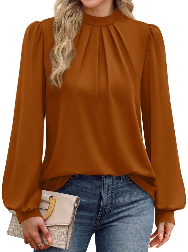 WIHOLL Fall Outfits for Women 2026 Long Sleeve Shirts for Women Blouses Business Casual Womens Tops Mock Neck Early Fall Fashion Clothing Winter Clothes School Outfits for Teachers Caramel M - Image 3