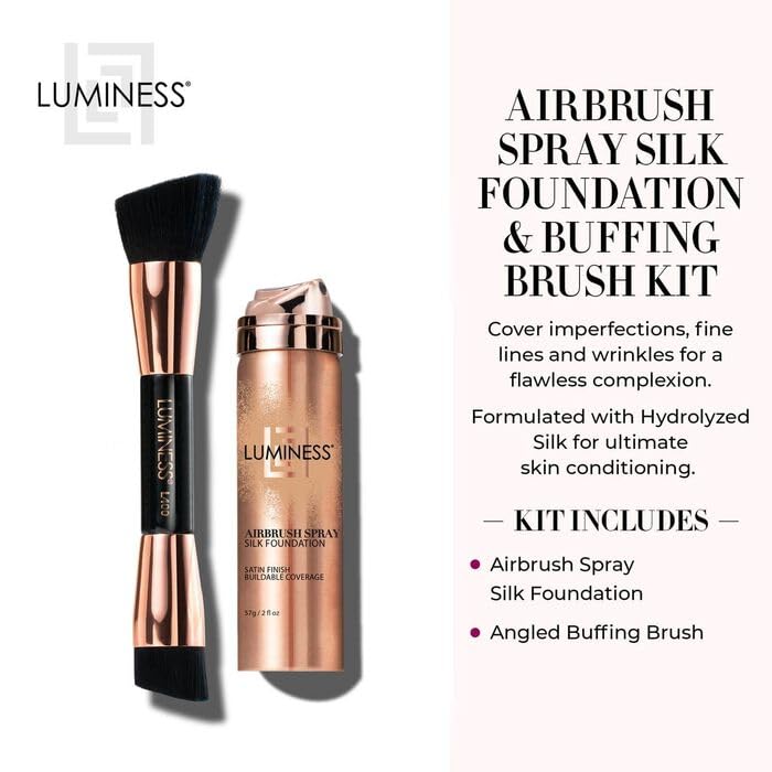 LUMINESS Silk Airbrush Spray Foundation & Buffing Brush Kit â€“ Full Coverage Foundation & Dual-Sided Buffing Brush - Buildable Coverage, Anti-Aging Formula Hydrates & Moisturizes - Light Medium - Image 4