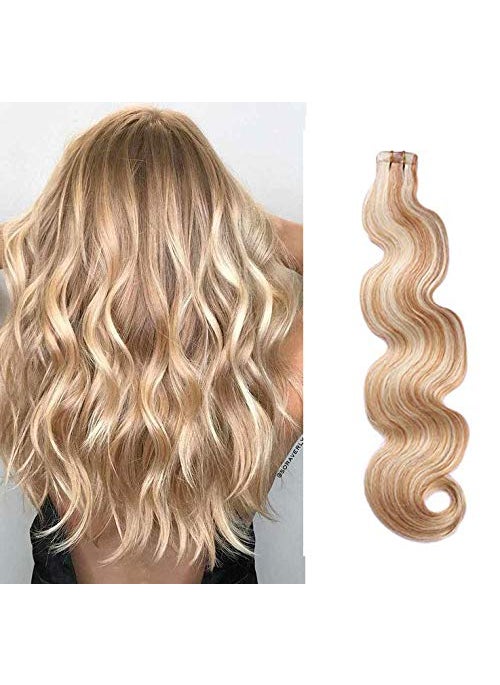 Smartinnov - Tape in Hair Extensions Soft Silky 22inches #27 Strawberry Blonde with #613 Blonde Highlights Balayage Remy Human Hair 70g 20Pcs/Pack Body Wavy Seamless Skin Weft Glue in Extensions (#27/613) - Image 1