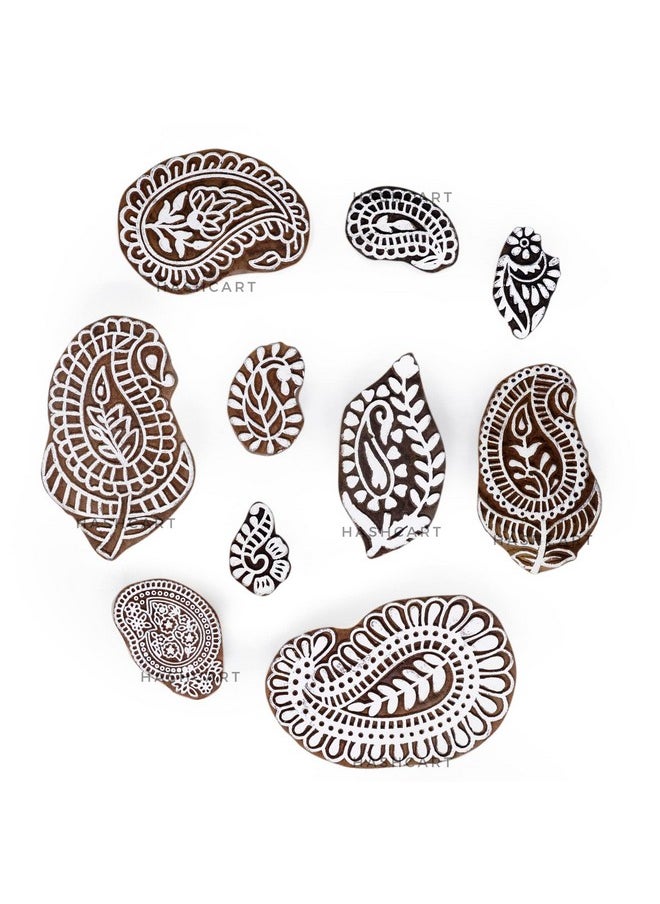 Hashcart | Set Of 10 | Handcarved Wooden Printing Stamps Paisley Design Baren For Blocks Printing | Scrapbooking | Fabric Designing | Art Craft | Pottery Craft  - Image 1