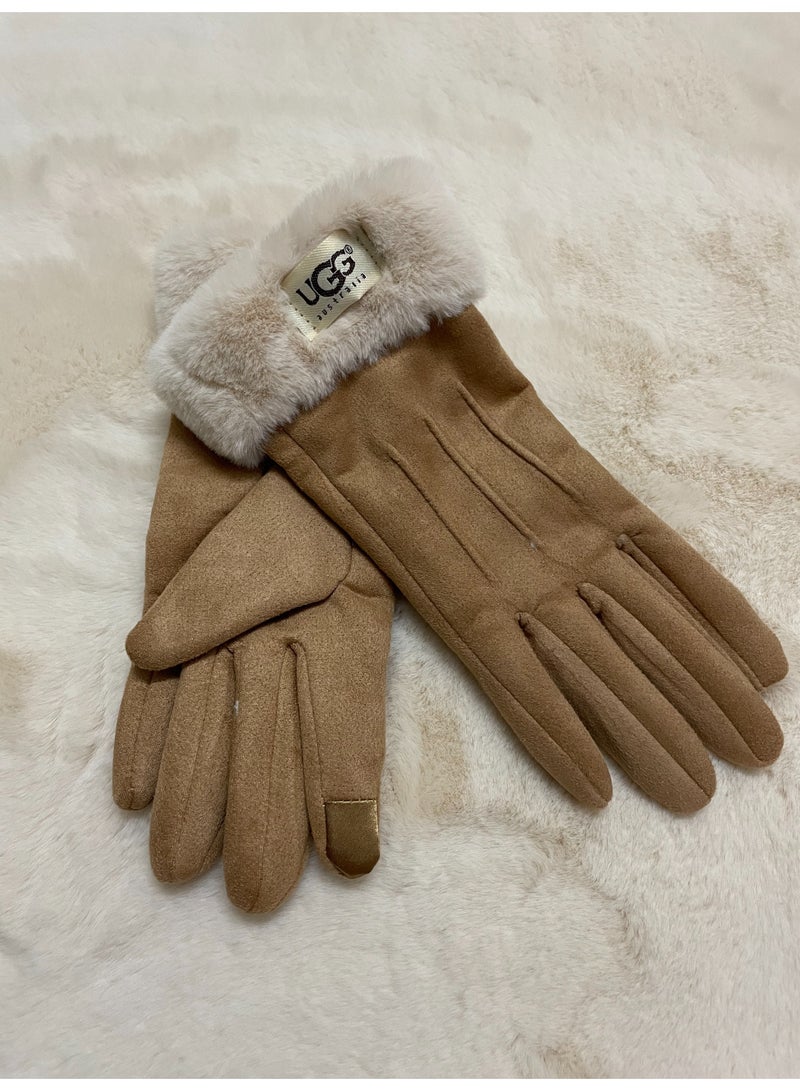 UGG Beige Suede Gloves with Faux Fur Cuff (Touchscreen-Compatible Winter Handwear)