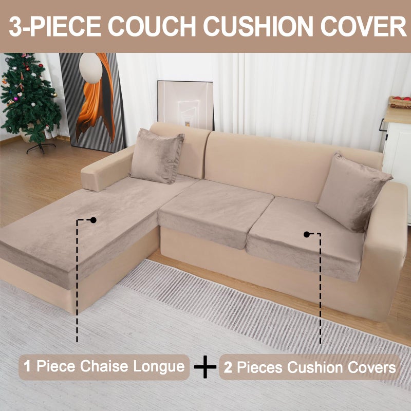 BT.WA Sectional Couch Covers for 3-Piece Seat Cushion Velvet Separate L Shape Couch Cover Stretch Sofa Slipcover with 2 Pieces Pillowcases Furniture Protector (Sofa 2 Seater + 1 Chaise  Tan) - Image 2